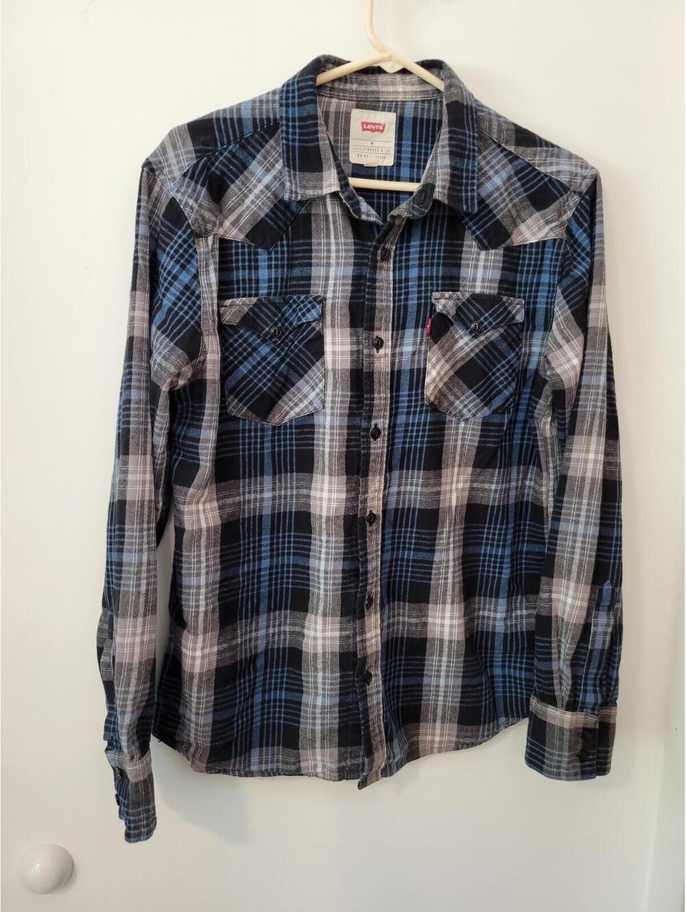 Levi's Men's Medium Blue and Black Plaid Button-Up Shirt